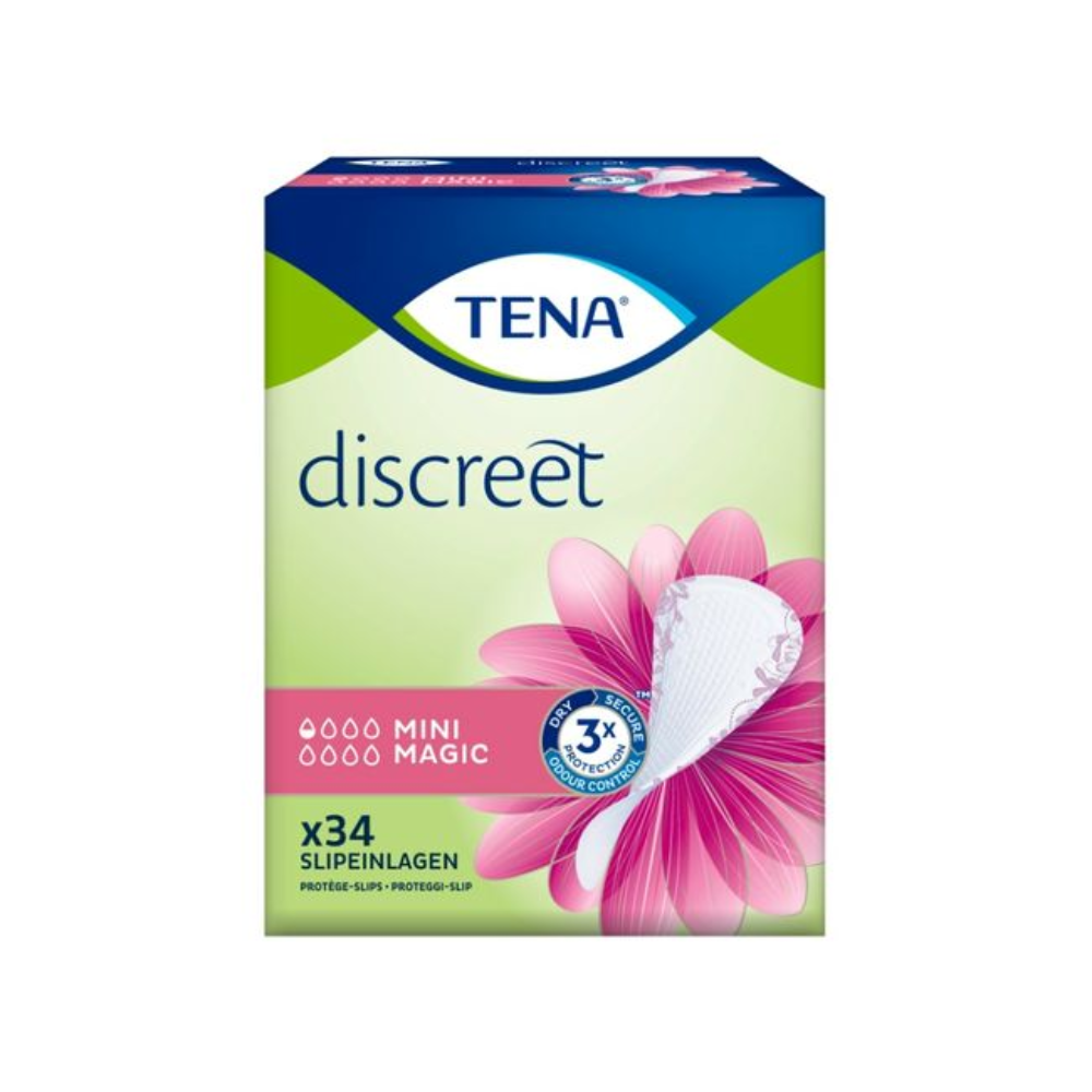 Das Bild zeigt eine Packung TENA Discreet Mini Magic Inkontinenzeinlage mit rosa Blütenblatt-Design und dem Text „Packung (34 Stück)“. Die Verpackung betont „3x Schutz“ bei leichter Blasenschwäche, enthält Wassertropfensymbole und hebt die microPROTEX-Technologie für effektive Saugfähigkeit hervor. Hergestellt von TENA - Essity Germany GmbH.
