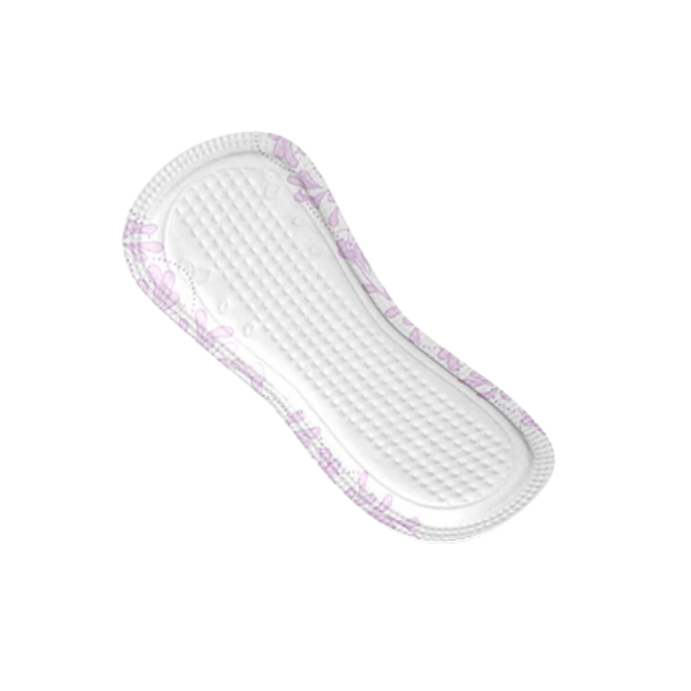 Die TENA Discreet Mini Magic Inkontinenzeinlage von Essity Germany GmbH zeichnet sich durch eine gesteppte Textur und zarte hellviolette Blumenmuster an den Rändern aus. Sie ist mit der microPROTEX-Technologie ausgestattet und für Personen mit leichter Blasenschwäche konzipiert. Sie präsentiert sich elegant auf einem schlichten weißen Hintergrund.