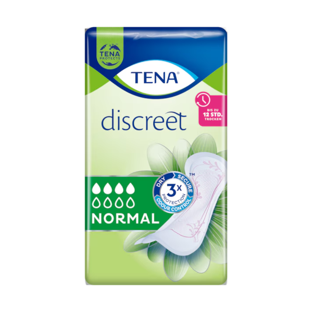 Eine Packung TENA Discreet Normal Inkontinenzeinlage | Packung (24 Stück) wird ausgestellt, perfekt zur Behandlung von Blasenschwäche. Die grün-blaue Verpackung zeigt oben prominent das Markenlogo von TENA - Essity Germany GmbH, zusammen mit Symbolen für Saugfähigkeit und Komfort. Ein Blumenmuster unten rechts betont die Verwendung der microPROTEX-Technologie.