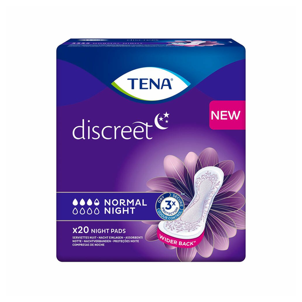 Das Bild zeigt eine Packung TENA Discreet Normal Night Inkontinenzeinlagen, ideal zum Schutz bei Blasenschwäche. Die Verpackung hat ein violettes Design, das die Saugfähigkeit von „Normal Night“ mit „3-fachem Schutz“ betont, und eine breitere Rückseite. Sie enthält 20 Stück und trägt in der oberen rechten Ecke deutlich sichtbar „NEU“ unter der Marke TENA – Essity Germany GmbH.