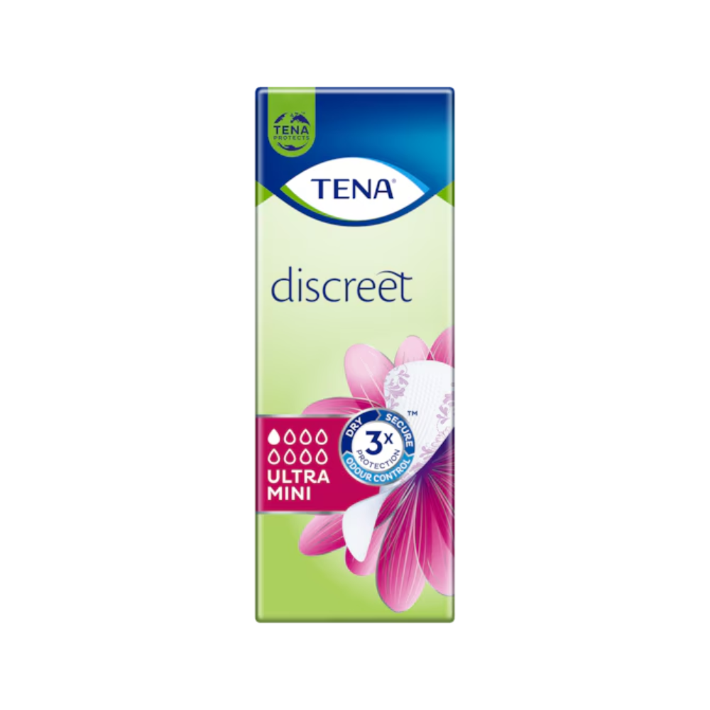 Eine Packung TENA Discreet Ultra Mini Inkontinenzeinlage von TENA – Essity Germany GmbH enthält 28 Einlagen bei leichter Blasenschwäche. Die überwiegend grüne Verpackung mit blauem Deckel zeigt ein rosa Blumendesign und das Bild einer Einlage und betont die microPROTEX™ Technologie für 3x besseren Trockenheitsschutz.