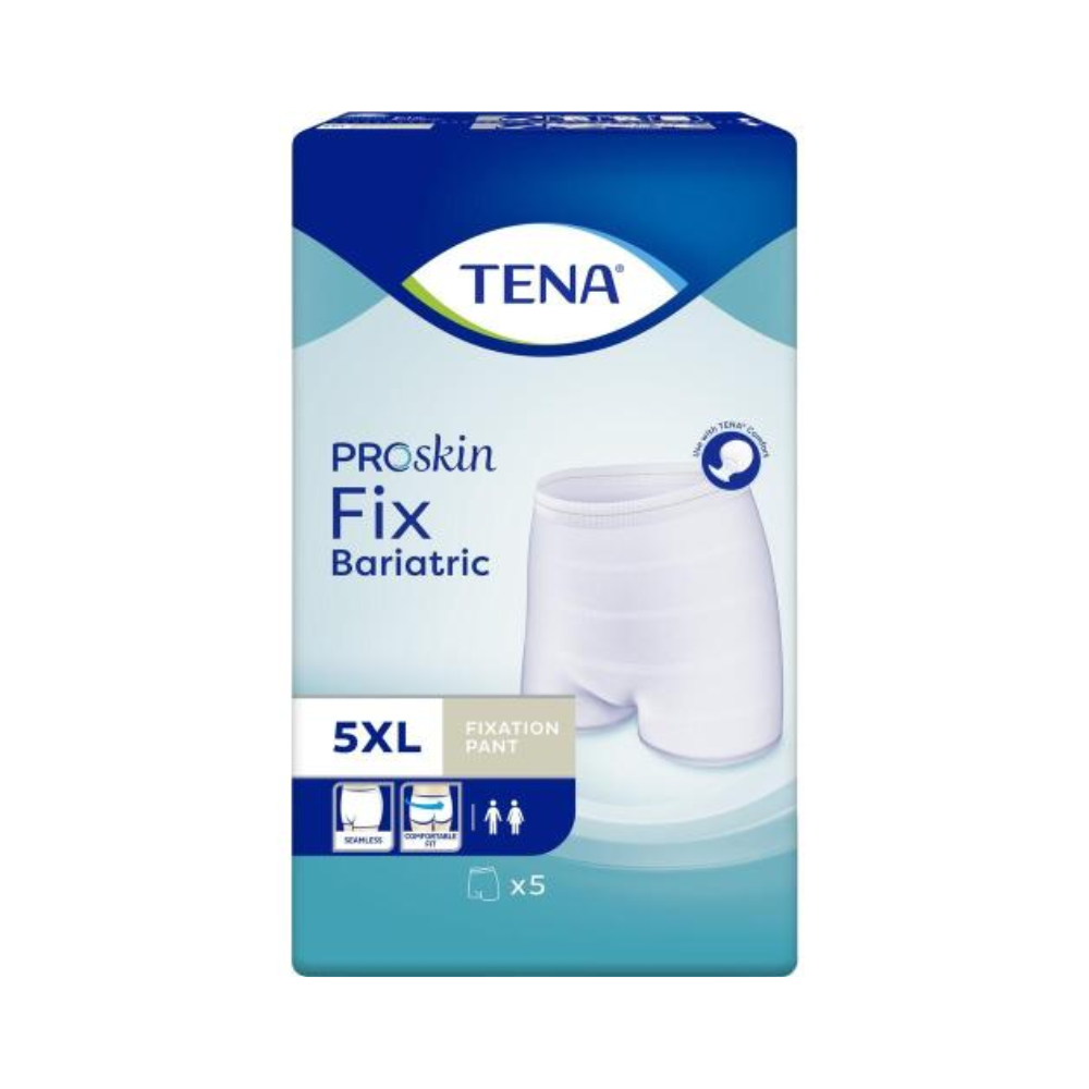 Die Verpackung für die TENA Fix Bariatric Inkontinenz-Fixierhosen, Größe 5XL, von TENA - Essity Germany GmbH besteht aus einer Schachtel mit dem Bild einer weißen, nahtlosen Hose mit Symbolen, die ihre Unisex- und bariatrische Eignung kennzeichnen. Enthält fünf Stück Fixierhosen.