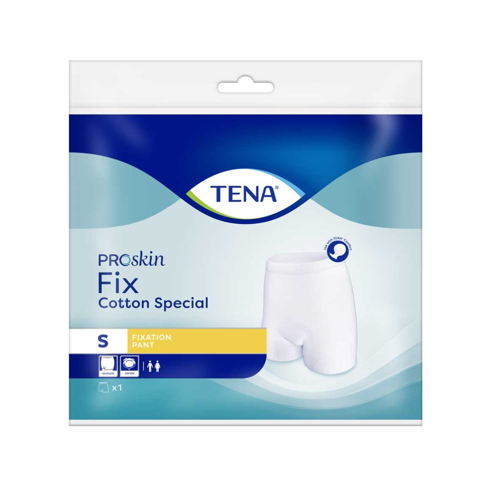 Die Verpackung der TENA Fix Cotton Spezial Fixierhose, Größe S, ist mit einem weißen Bild der Fixierhose und Unisex-Symbolen versehen. Sie ist überwiegend blau-weiß gestaltet und trägt das TENA-Logo der Essity Deutschland GmbH prominent am oberen Rand. Damit eignet sie sich ideal zur bequemen Fixierung von Inkontinenzeinlagen.