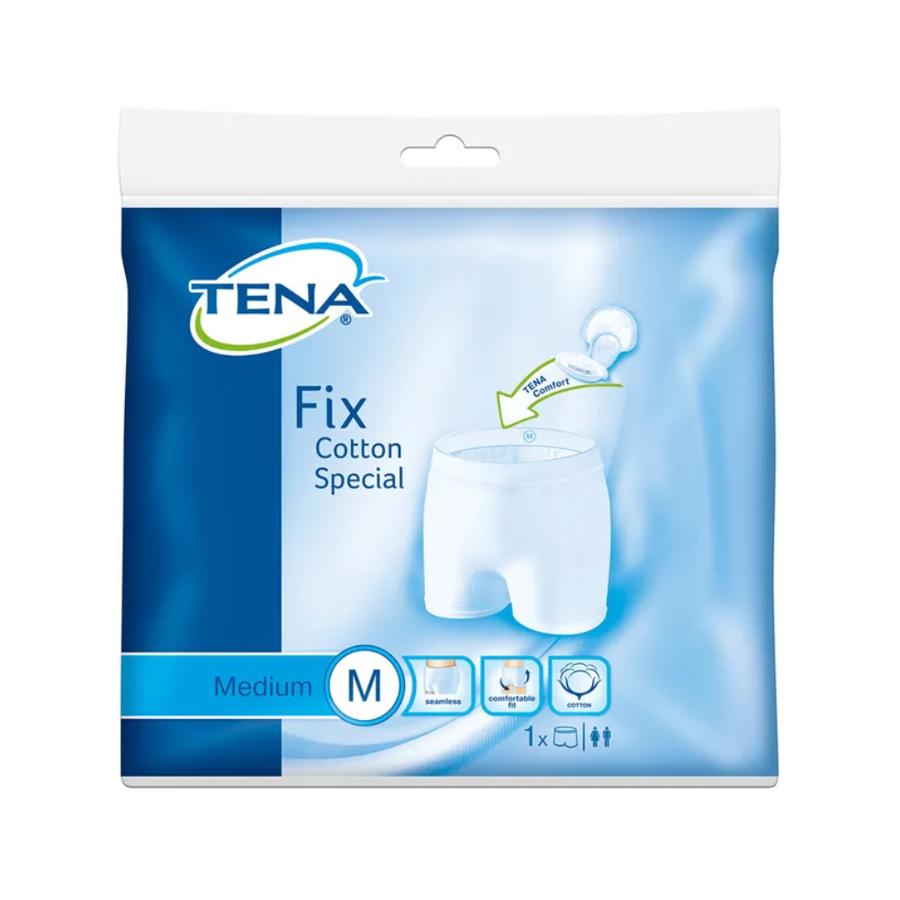 Foto einer Verpackung für TENA Fix Cotton Spezial Fixierhose in mittlerer Größe. Die Verpackung in Weiß und Blau zeigt eine Abbildung von elastischer Netzunterwäsche und enthält die Worte „Fixierhose“ oder „Inkontinenzeinlagen“. Das Bild hebt außerdem einen breiten Bund mit einem Pfeil hervor, während oben links das Logo der TENA - Essity Germany GmbH angebracht ist.