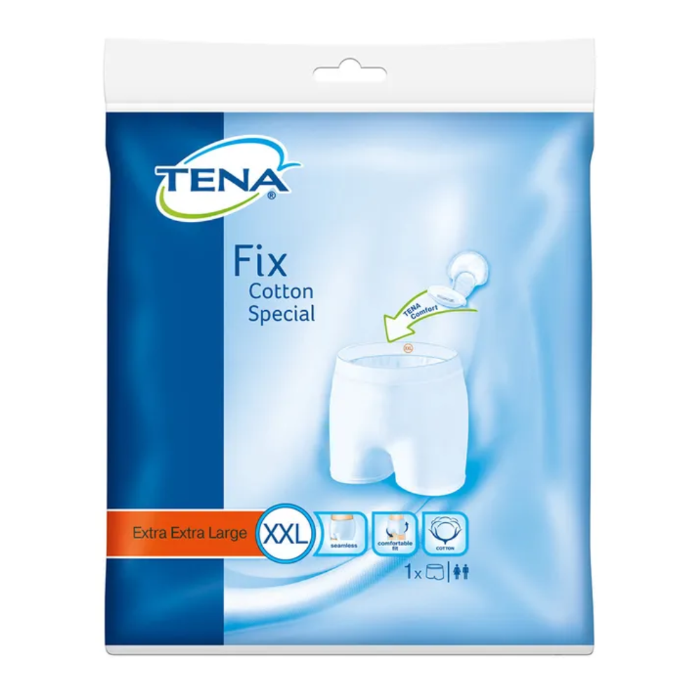 Die Verpackung der TENA Fix Cotton Spezial Fixierhose, hergestellt von TENA - Essity Germany GmbH, in der Größe XXL zeigt ein Bild, das wie eine weiße Unterhose aussieht. Symbole betonen ihre Eigenschaften, begleitet von Texten, die auf „Extra Extra Large“ und „1x“ hinweisen. Sie eignet sich perfekt, um Inkontinenzeinlagen sicher an Ort und Stelle zu halten.