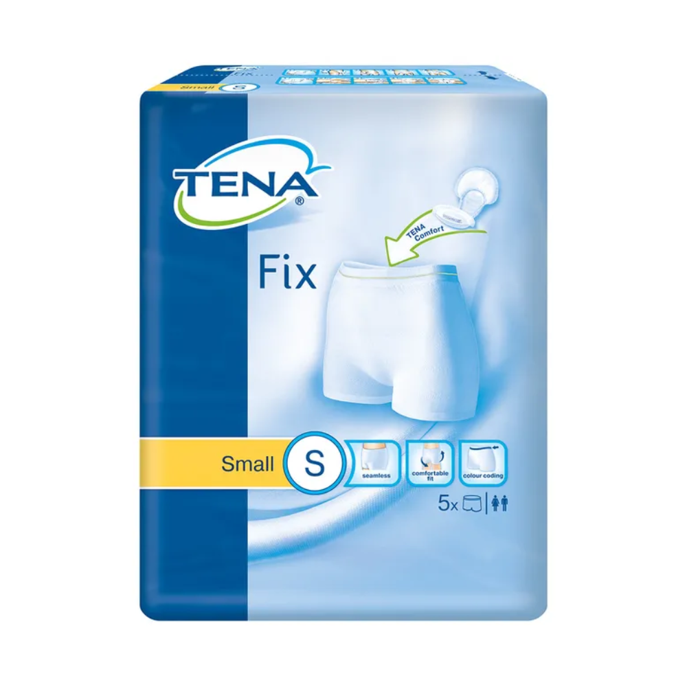 Die Verpackung für TENA Fix Inkontinenz-Fixierhosen, hergestellt von TENA - Essity Germany GmbH, zeigt eine Abbildung weißer Unterwäsche mit dem Etikett „Cool Comfort“. Sie hebt das Produkt als kleines 5er-Set hervor und legt den Schwerpunkt auf Elastizität und Auslaufschutz für verbesserten Komfort und Sicherheit.