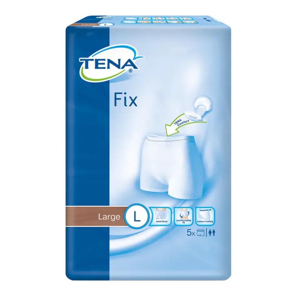 Die TENA Fix Inkontinenz-Fixierhosen von TENA - Essity Germany GmbH bieten sicheren und bequemen Tragekomfort. Die blaue Verpackung kennzeichnet deutlich ein großes „L“ für die Größe L und enthält ein Diagramm, das die Passform veranschaulicht, sowie Symbole, die die Auslaufschutz-Funktionen hervorheben. Jede Packung enthält 5 Stück, die speziell für zuverlässigen Schutz entwickelt wurden.