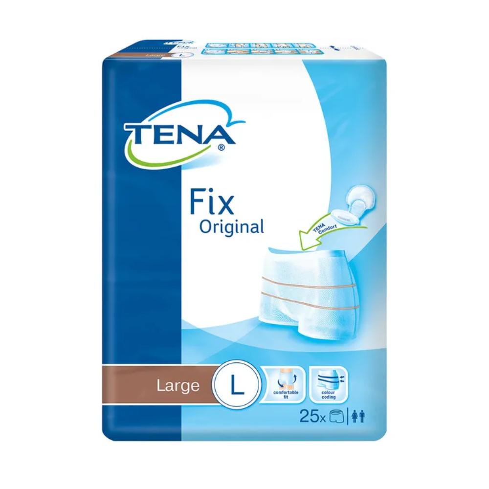 Die Verpackung der TENA Fix Original Fixierhose im Großformat zeigt das Markenlogo sowie ein Bild des Produkts. Sie enthält 25 Stück und enthält Abbildungen männlicher und weiblicher Symbole, was ihre Zuverlässigkeit als bewährtes Inkontinenzprodukt mit zuverlässigem Auslaufschutz unterstreicht.