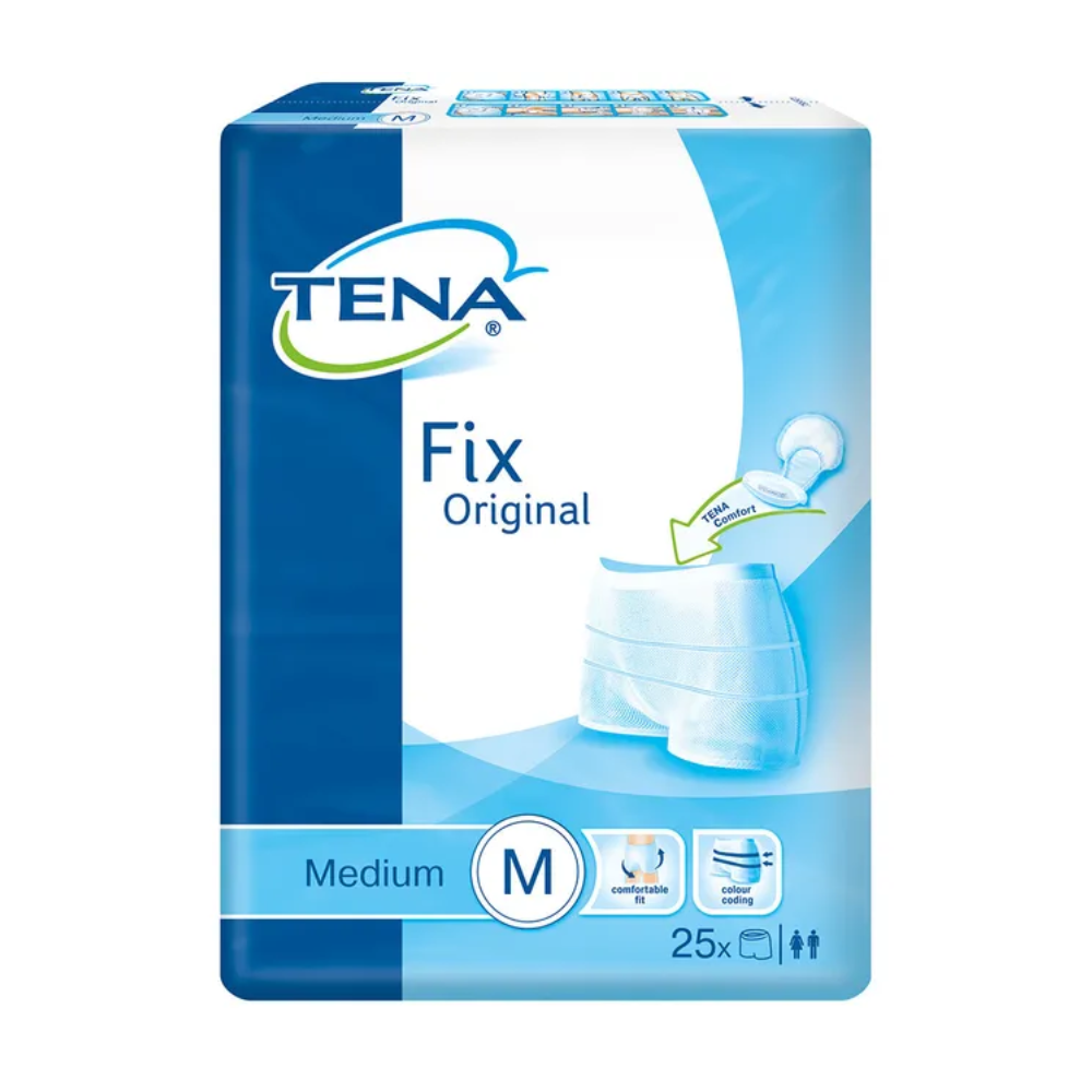 Die Verpackung der TENA Fix Original Fixierhose in Blau und Weiß zeigt ein Diagramm dieses Premiumprodukts. Es hebt die Auslaufschutz-Technologie hervor und weist darauf hin, dass es sich um eine Größe Medium handelt, die 25 Artikel enthält. Symbole auf der Verpackung veranschaulichen die wichtigsten Funktionen für höchsten Komfort.