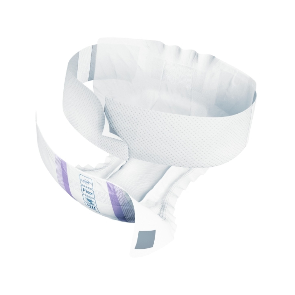 Die TENA Flex Maxi Inkontinenzvorlage von Essity Deutschland GmbH ist mit einem flexiblen Hüftbund und klebenden Seitenlaschen abgebildet. Sie verfügt über ein überwiegend weißes Design mit hellvioletten Akzenten und einem kleinen TENA Flex Maxi-Etikett auf der Vorderseite. Die Innenseite scheint für Komfort und Saugfähigkeit gepolstert zu sein und ist somit ideal für den Inkontinenzschutz.