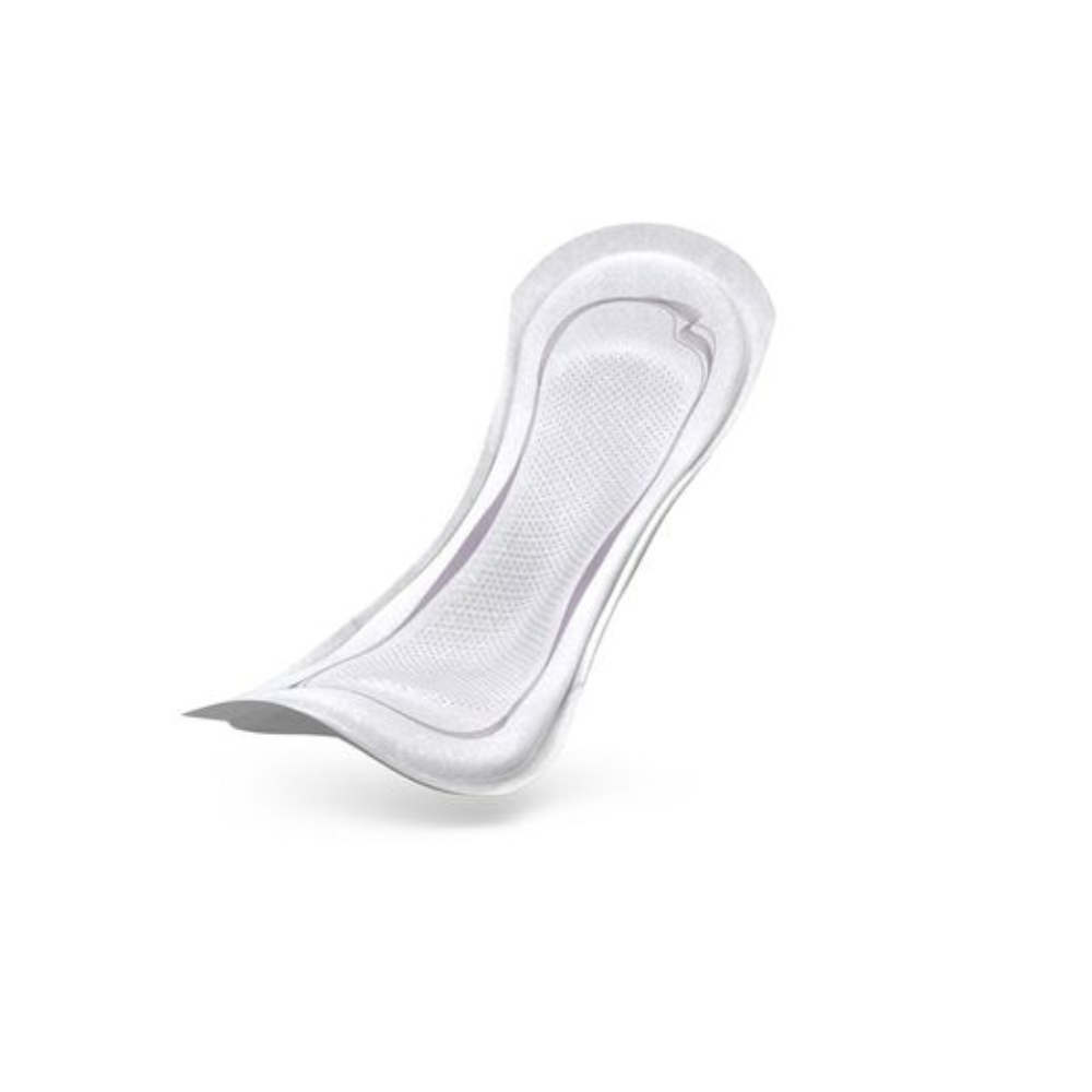 Die TENA Lady Discreet Extra Inkontinenzeinlage von Essity Germany GmbH zeichnet sich durch eine geschwungene Form und eine strukturierte Oberfläche auf einem schlichten weißen Hintergrund aus. Dieses mit der InstaDRY-Technologie ausgestattete Produkt bietet überlegenen Schutz und Komfort für alle, die nach zuverlässigen Inkontinenzlösungen suchen. Erhältlich in einer Packung mit 20 Stück.