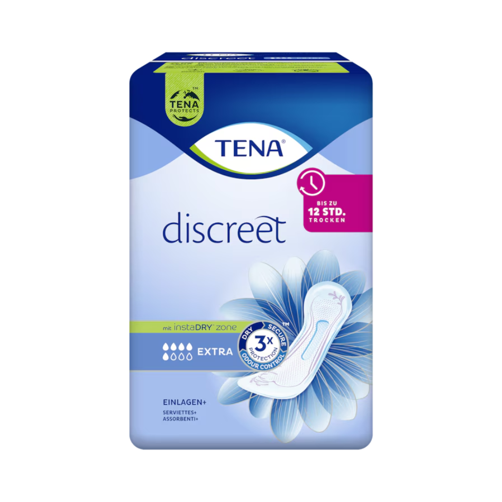 Das Bild zeigt eine Packung TENA Lady Discreet Extra Inkontinenzeinlage mit 20 Einlagen. Die Verpackung in Blau- und Lilatönen mit Blumenmuster und Einlagenabbildung betont Merkmale wie 3-fachen Schutz und bis zu 12 Stunden Trockenheit dank der fortschrittlichen InstaDRY-Technologie.