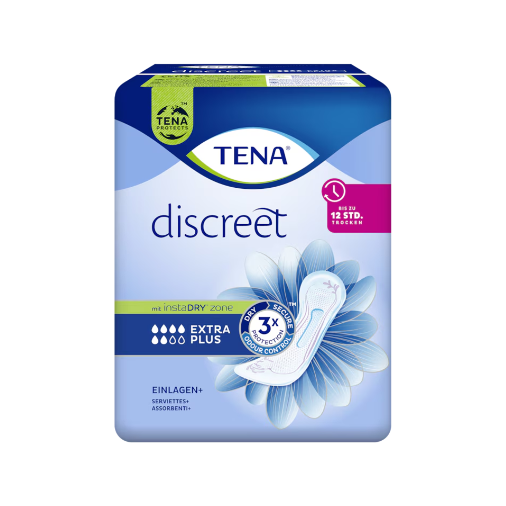 Das Bild zeigt eine Packung TENA Lady Discreet Extra Plus Inkontinenzeinlage der Essity Germany GmbH, die zum Schutz der empfindlichen Blase dient. Die Verpackung ist überwiegend blau mit weißem Blumenmotiv und hebt Merkmale wie „InstaDRY Technologie“ und „3x Schutz“ hervor, was die Wirksamkeit als Inkontinenzeinlagenlösung unterstreicht.