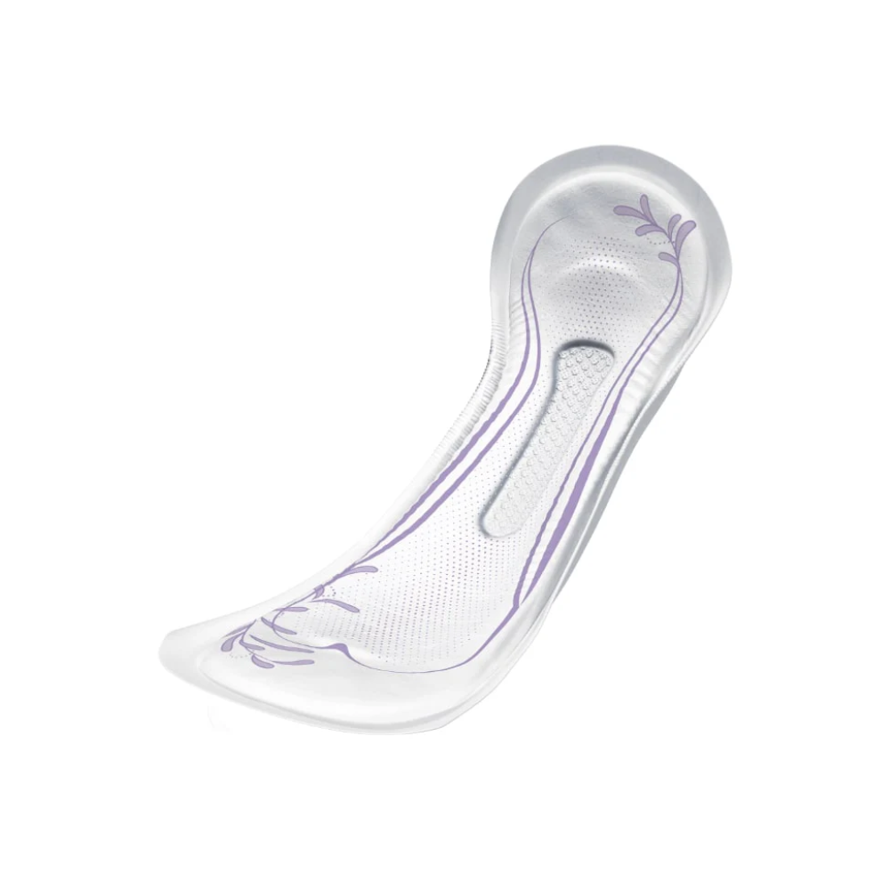 Eine transparente, konturierte TENA Lady Discreet Maxi-Einlegesohle mit violetten Zierelementen bietet Halt und Komfort. Sie wurde von Essity Germany GmbH speziell für den bequemen Sitz in Schuhen entwickelt und unterstützt alle, die nach diskreten Lösungen für Probleme wie Blasenschwäche suchen, ohne dabei auf Stil verzichten zu müssen.