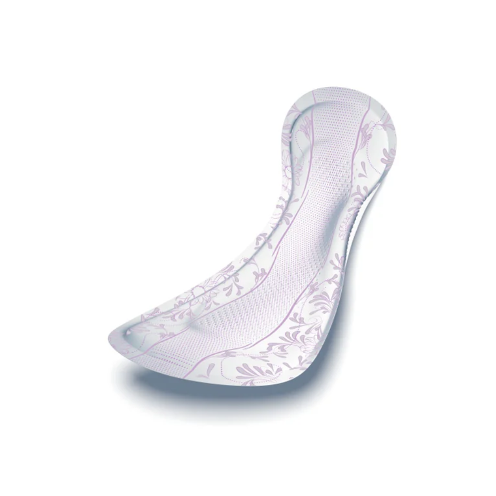 Die TENA Lady Discreet Protect+ Maxi Night Inkontinenzeinlage von TENA - Essity Germany GmbH ist mit einer konturierten Form und einem hellvioletten Blumenmuster versehen. Dank der InstaDRY-Technologie sind die Details auf einem schlichten weißen Hintergrund hervorgehoben. Erhältlich in Packungen zu 12 Stück.