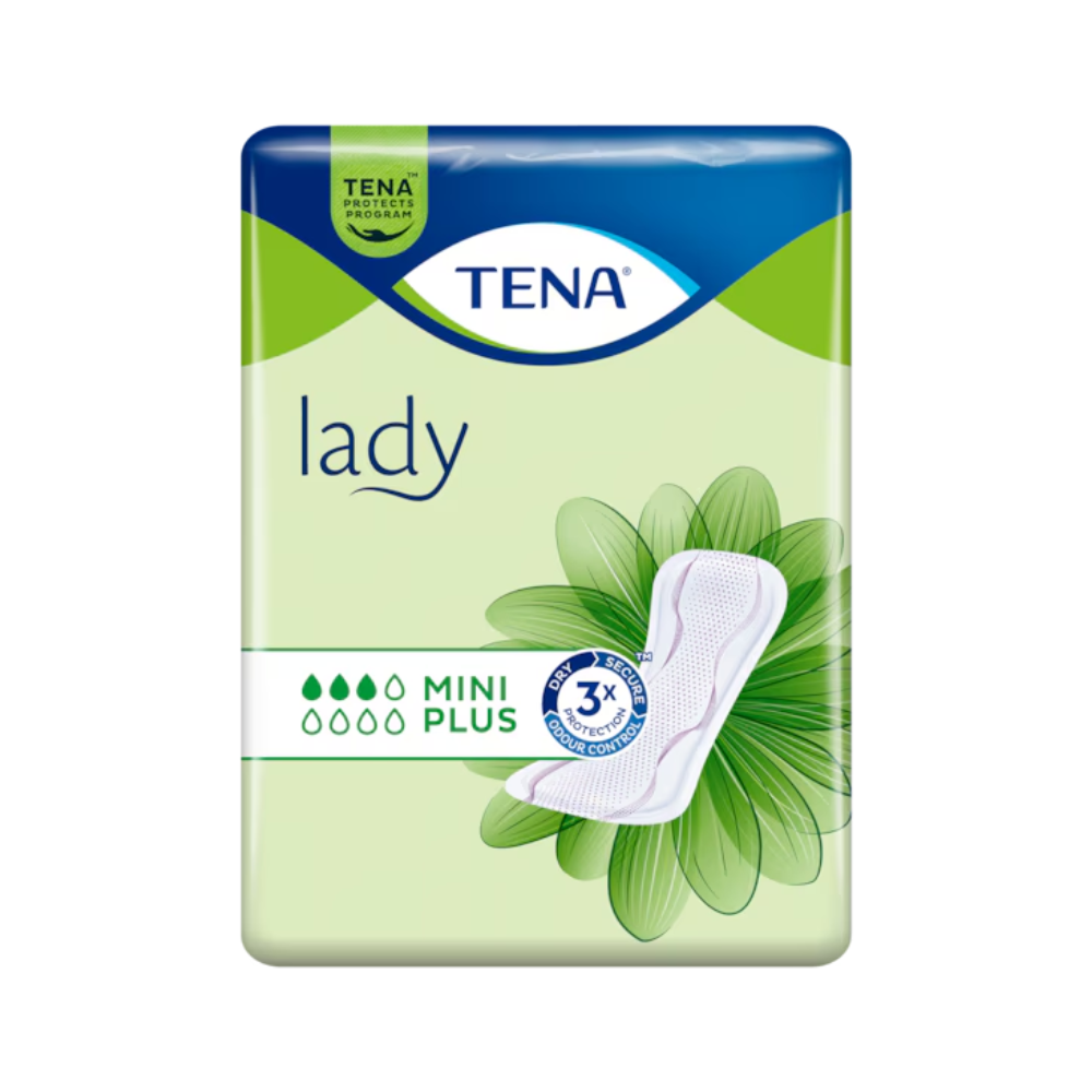 Die Verpackung der TENA Lady Mini Plus Slipeinlage von Essity Deutschland GmbH ist in Grün gehalten und trägt das Logo der Marke prominent oben. Neben dem Text „3x Schutz“, der die DryZone-Technologie für verbesserte Wirksamkeit gegen Blasenschwäche hervorhebt, ist das Bild einer Einlage zu sehen.