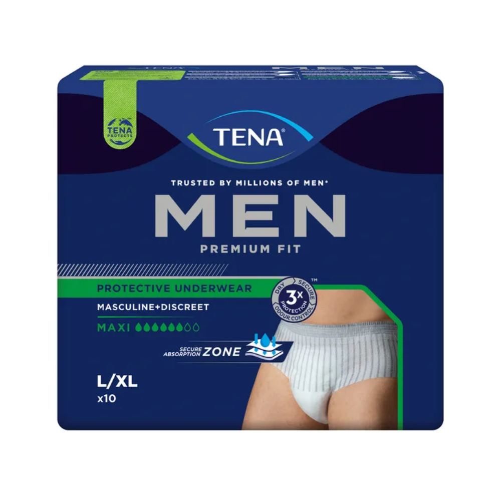 Die Verpackung für die TENA Men Active Fit Pants Maxi Inkontinenzpants wird vorgestellt. Die dunkelblaue Verpackung hebt Merkmale wie „maskulin + diskret“ und „Maxi Absorption“ hervor und ist somit perfekt bei starkem Harnverlust. Eine Abbildung der Inkontinenzpants und der Größe L/XL ist zu sehen.