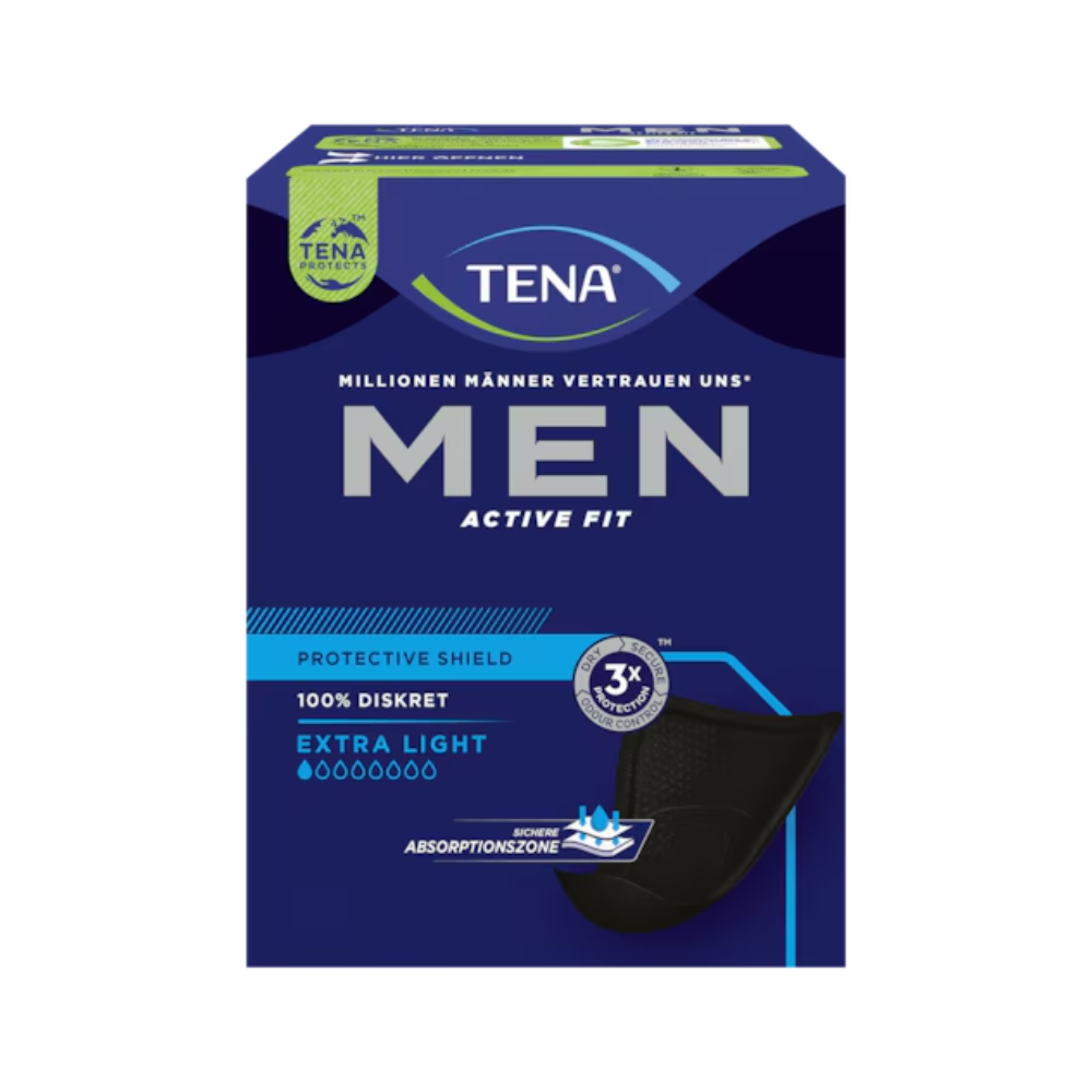 Die TENA Men Active Protective Shield Extra Light Inkontinenzeinlage, verpackt in einer blau-grünen Box von TENA – Essity Germany GmbH, bietet diskrete Schutzschilde, die speziell für Männer entwickelt wurden. Mit Dreifachschutz vor Auslaufen und erhöhter Saugfähigkeit gewährleisten diese Schilde 100 % Diskretion mit extra leichtem Komfort, erhältlich in einer Packung mit 14 Stück.