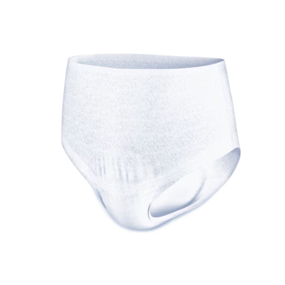 Ein Paar TENA Pants Discreet Inkontinenzhosen von TENA – Essity Germany GmbH, bestimmt für Erwachsene mit Blasenschwäche, verfügt über einen elastischen Bund und Beinöffnungen vor einem weißen Hintergrund.