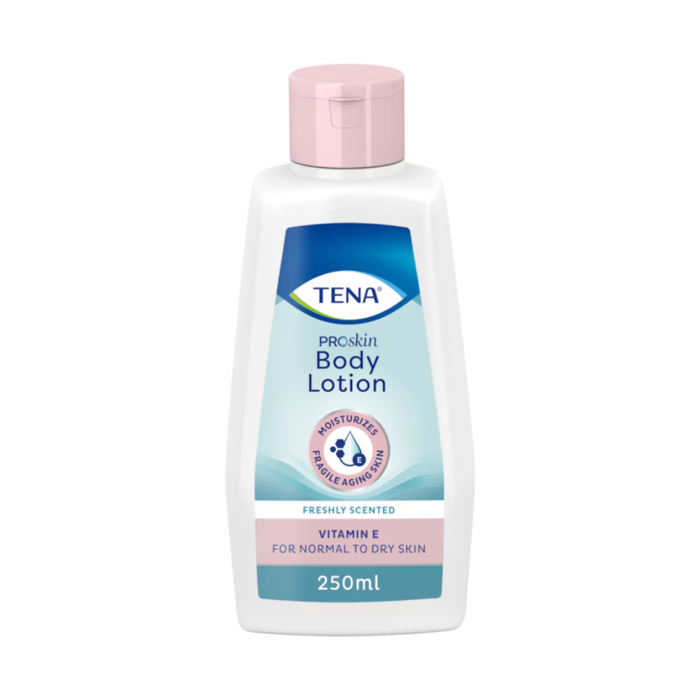 Bild einer TENA ProSkin Body Lotion | Packung (250 ml) Flasche. Die weiße Flasche mit rosa Verschluss trägt die Aufschrift „frisch duftend“ und ist mit Vitamin E angereichert, was sie ideal für normale bis trockene Haut macht. Auf der Verpackung ist ein Wassertropfen-Symbol zu sehen.