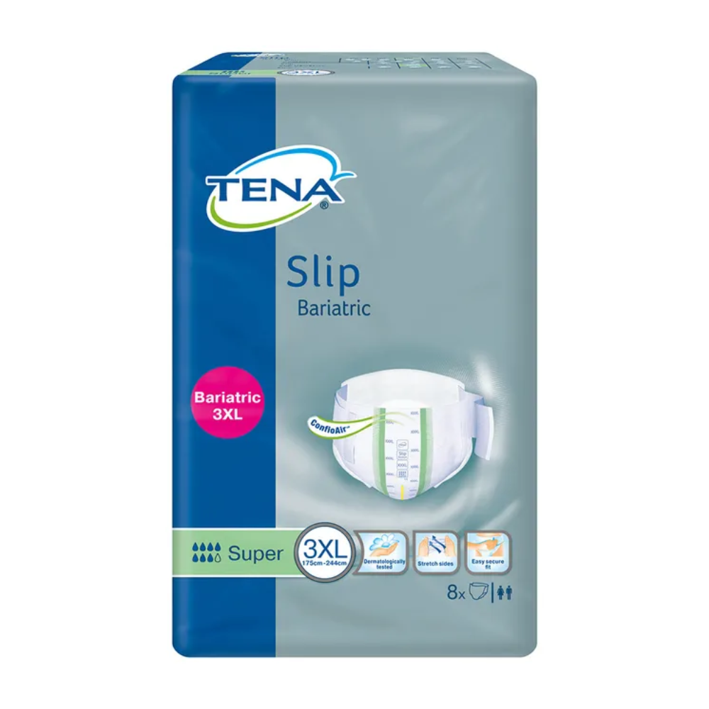 Die Verpackung der Erwachsenenwindeln TENA ProSkin Slip Bariatric Super, hergestellt von TENA – Essity Germany GmbH für maximalen Komfort und super Saugfähigkeit in Größe 3XL, ist blau. Sie zeigt das Bild einer Windel sowie Symbole, die ihre hohe Saugfähigkeit betonen, und enthält acht Einzelteile.