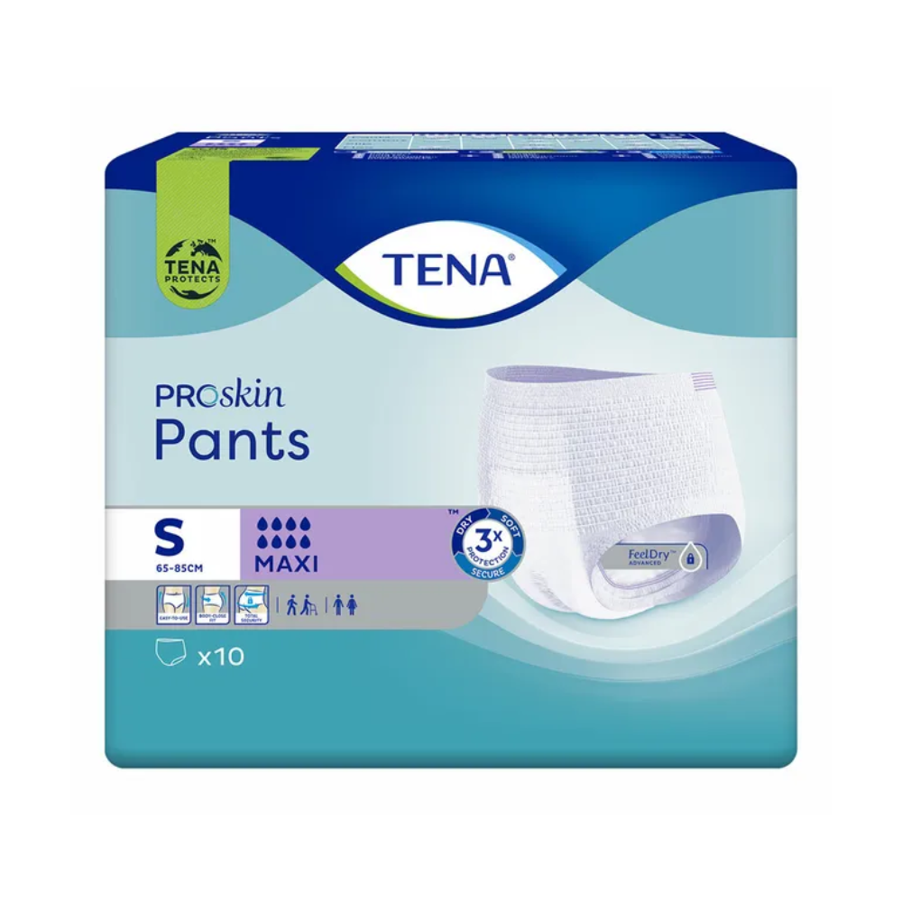 Eine Packung TENA Proskin Pants Maxi Inkontinenzhosen von TENA - Essity Germany GmbH in Größe Small. Die blau-grüne Verpackung zeigt ein Produktbild und gibt an, dass sie 10 Stück enthält, ideal für die diskrete Behandlung von Blasenschwäche mit „Maxi“-Saugfähigkeit.