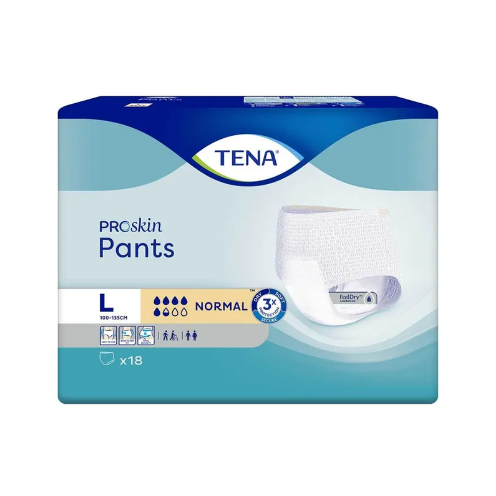 Das Bild zeigt eine Packung TENA Proskin Pants Normal, eine Inkontinenzhose von TENA – Essity Germany GmbH, geeignet für Personen mit Blasenschwäche in Größe Large. Die blau-weiße Verpackung weist darauf hin, dass sie 18 Hosen für mittlere Saugfähigkeit mit fortschrittlicher FeelDry-Technologie enthält.