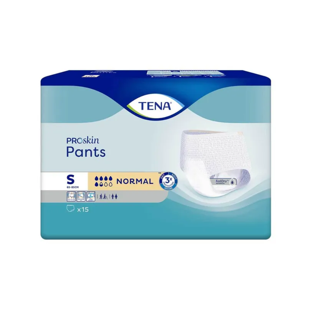 Eine Packung TENA Proskin Pants Normal Inkontinenzhose, Größe S, speziell für normale Saugfähigkeit zur Behandlung von Blasenschwäche. Die Packung enthält 15 Pants und zeigt auf der Vorderseite ein Produktbild. Die Verpackung ist hauptsächlich blau mit weißen Akzenten und wird von TENA - Essity Germany GmbH hergestellt.