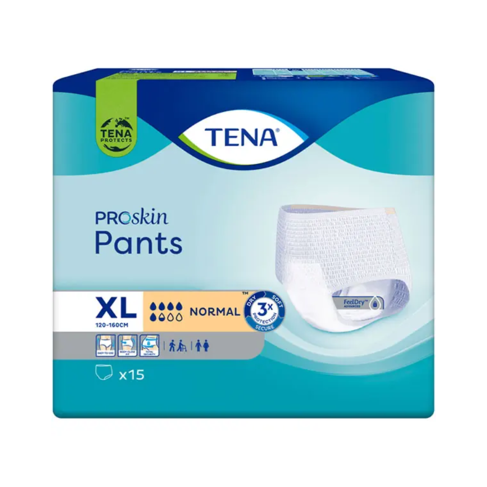 Abbildung einer Packung TENA Proskin Pants Normal Inkontinenzhose in Größe XL, zugeschnitten für Personen mit Blasenschwäche. Die Verpackung ist blau und grün mit weißen Akzenten, zeigt eine Abbildung der Hose und weist auf „Normale Saugfähigkeit“ hin, geeignet für einen Taillenumfang von 120-160 cm. Jede Packung enthält 15 Stück, hergestellt von TENA - Essity Germany GmbH.