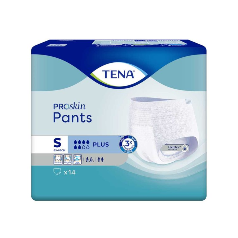Die TENA Proskin Pants Plus Inkontinenzhosen, die für Taillengrößen von 65-85 cm konzipiert sind, werden in einer Verpackung geliefert, die feuchtigkeitsreduzierende Technologie präsentiert. Sie betont Auslaufschutz, Komfort und Geruchskontrolle. Die überwiegend blaue Verpackung mit weißen Details von TENA – Essity Germany GmbH enthält 14 Stück.
