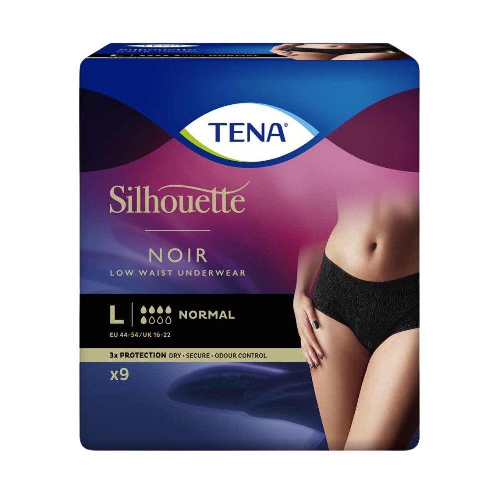 Eine Packung TENA - Essity Germany GmbH TENA Silhouette Normal Noir Inkontinenzslips, Größe Large, mit normaler Saugfähigkeit. Die Verpackung zeigt den Mittelteil einer Frau und hebt die wichtigsten Merkmale für weibliche Inkontinenz hervor.