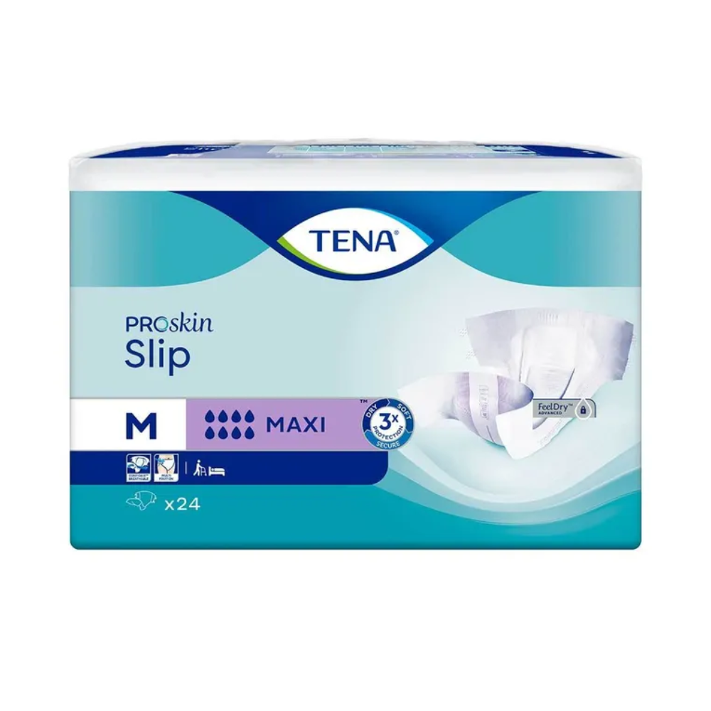 Die Verpackung der TENA Slip Maxi Inkontinenzvorlage mit Hüftbund von TENA – Essity Germany GmbH zeigt auffällig ein blaues Design mit weißen Akzenten und ein Bild des Inkontinenzslips für Erwachsene. Die mittlere Größe ist mit einem „M“ gekennzeichnet und umfasst eine Packung mit 24 Slips, die zuverlässigen Auslaufschutz für ganztägiges Vertrauen bieten.