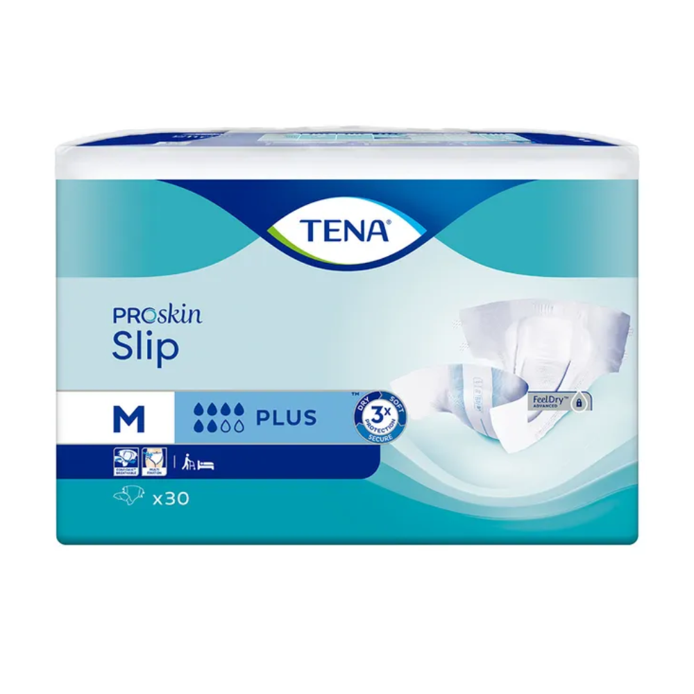 Das Bild zeigt eine Packung TENA Slip Plus Inkontinenzvorlage mit Hüftbund von TENA – Essity Germany GmbH, die für zusätzliche Sicherheit einen Auslaufschutz enthält. Die blau-weiße Verpackung kennzeichnet mit einem „M“ die mittlere Größe und enthält 30 Stück, was 3-fachen Hautschutz hervorhebt.