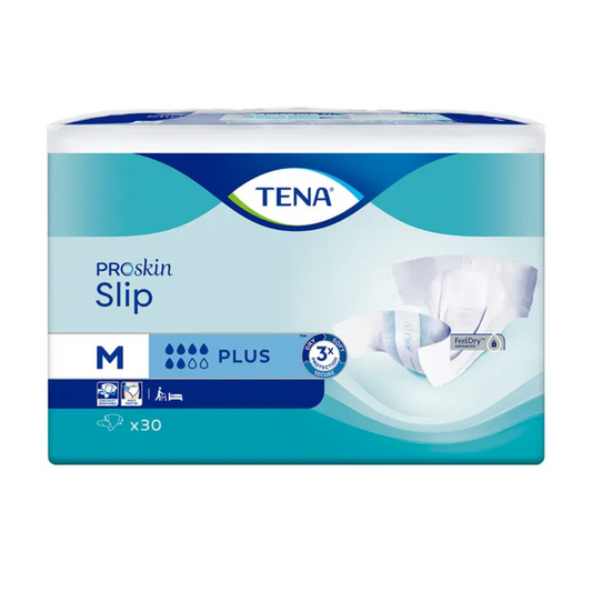 Das Bild zeigt eine Packung TENA Slip Plus Inkontinenzvorlage mit Hüftbund von TENA – Essity Germany GmbH, die für zusätzliche Sicherheit einen Auslaufschutz enthält. Die blau-weiße Verpackung kennzeichnet mit einem „M“ die mittlere Größe und enthält 30 Stück, was 3-fachen Hautschutz hervorhebt.