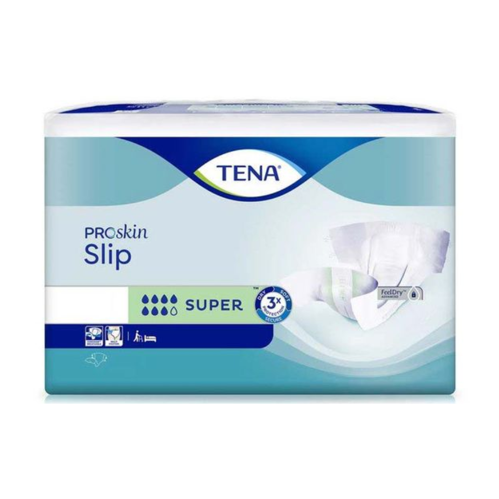 Das Bild zeigt eine Packung TENA Slip Super Inkontinenzvorlage mit Hüftbund für Erwachsene. Das hauptsächlich blau-weiße Design hebt Auslaufschutzsymbole für außergewöhnliche Saugfähigkeit und Komfort hervor, mit einer Abbildung des Produkts auf der rechten Seite, das zuverlässigen Schutz gewährleistet.