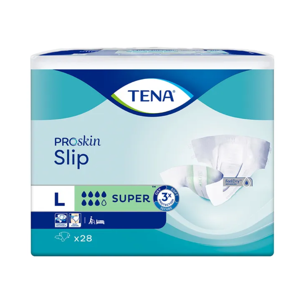 Das Bild zeigt eine Packung TENA Slip Super Inkontinenzvorlage mit Hüftbund, Größe Large. Die blau-weiße Verpackung weist auf die Saugstärke „Super“ hin und enthält 28 Stück. Zu den Hauptmerkmalen gehören ein Auslaufschutz zum Schutz vor Feuchtigkeit und ein verbesserter Tragekomfort, was sie zu einer ausgezeichneten Wahl für die Inkontinenzversorgung macht.