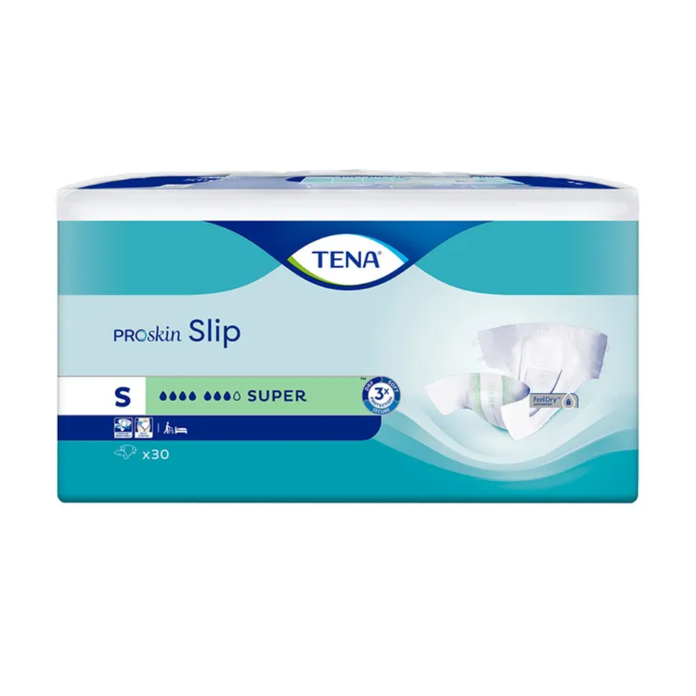 Die Verpackung der TENA Slip Super Inkontinenzvorlage mit Hüftbund, Größe Small, hebt den Auslaufschutz durch ein Produktbild und einen Text mit Angabe einer Stückzahl von 30 hervor. Das Design zeichnet sich durch markante Blau- und Grüntöne aus.