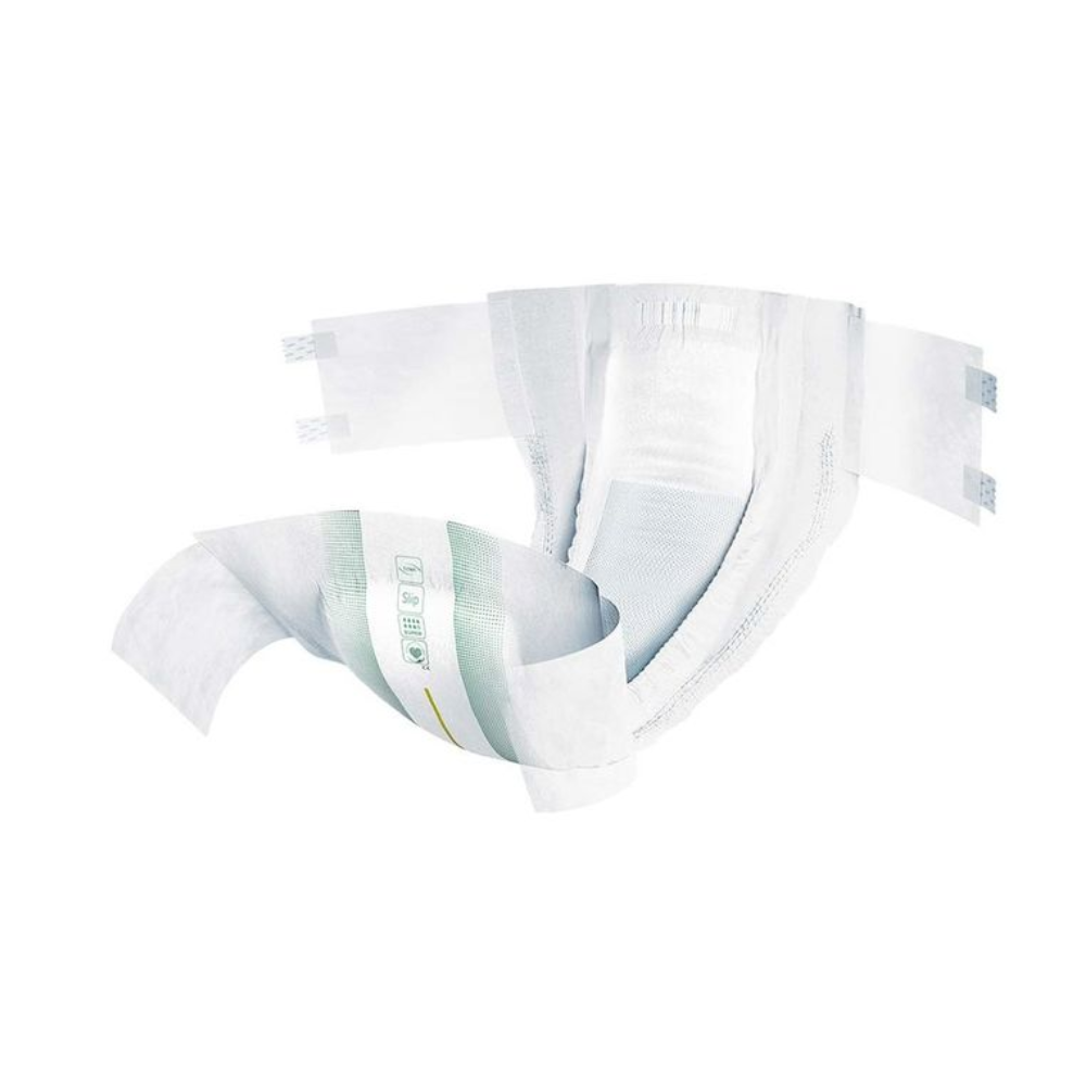 Die TENA Slip Super Inkontinenzvorlage mit Hüftbund von TENA – Essity Germany GmbH ist eine große Einwegwindel für Erwachsene mit verstellbaren Klebelaschen und konturiertem Design für einen sicheren Sitz. Ihre weiße Außenseite mit hellgrünen Akzenten bietet zuverlässigen Auslaufschutz und sorgt für ein beruhigendes Gefühl beim Träger.