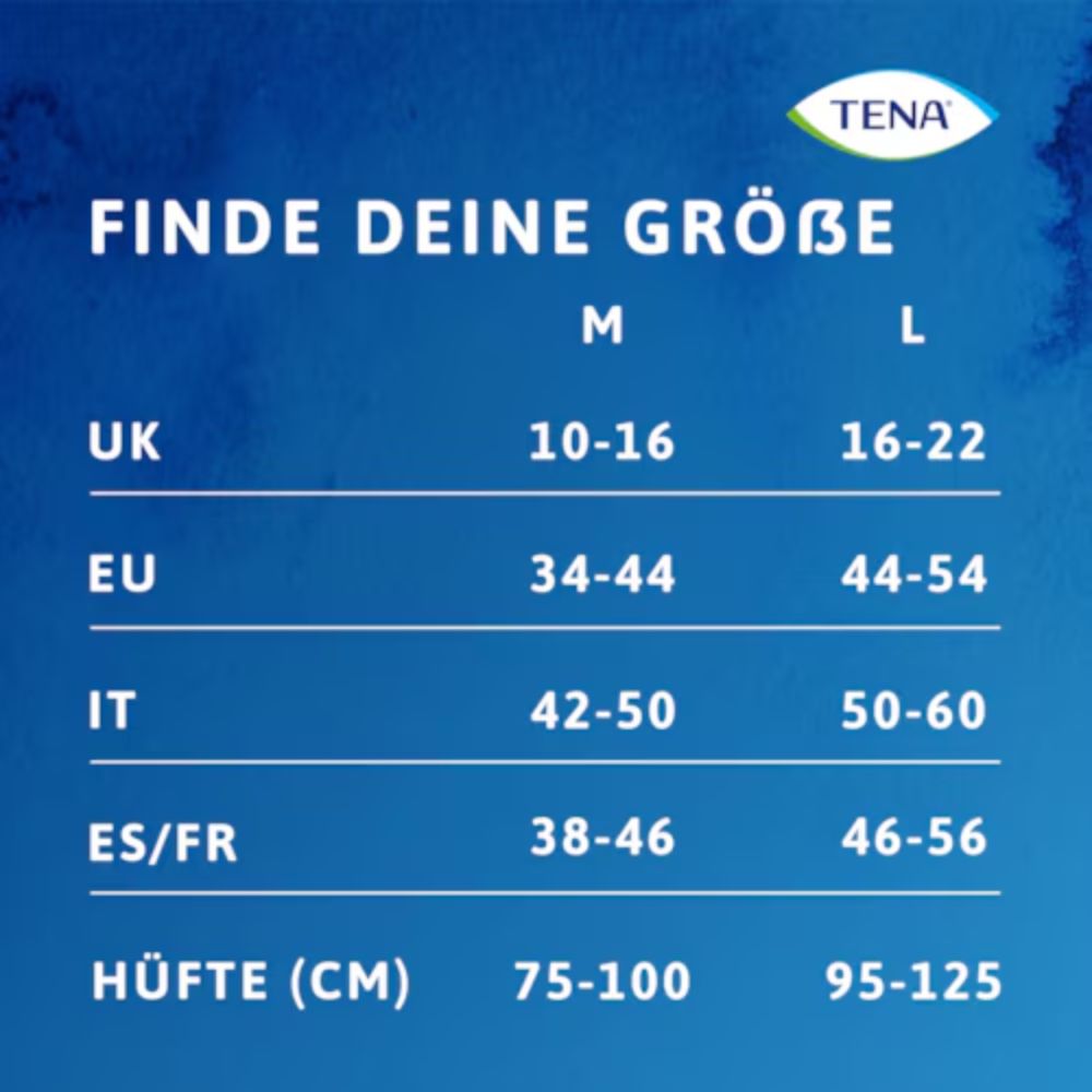 Die Größentabelle für TENA Silhouette Plus Creme Inkontinenzslips (TENA - Essity Germany GmbH) zeigt M: 75-100 cm, L: 95-125 cm Hüftumfang, Bekleidungssortiment UK/EU/IT/ES/FR; blauer Hintergrund und weiße Schrift.
