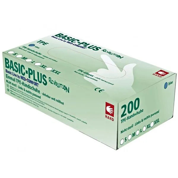 Die grün-weiße AMPri-Box mit der Aufschrift "TPE Handschuh, schwarz, puderfrei, Basic-Plus Revolution - XXL" enthält 200 puderfreie schwarze XXL-TPE-Handschuhe und ist mit einer Handschuhgrafik und den verfügbaren Größen versehen.