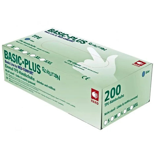 Die grün-weiße AMPri-Box mit der Aufschrift "TPE Handschuh, schwarz, puderfrei, Basic-Plus Revolution - XXL" enthält 200 puderfreie schwarze XXL-TPE-Handschuhe und ist mit einer Handschuhgrafik und den verfügbaren Größen versehen.