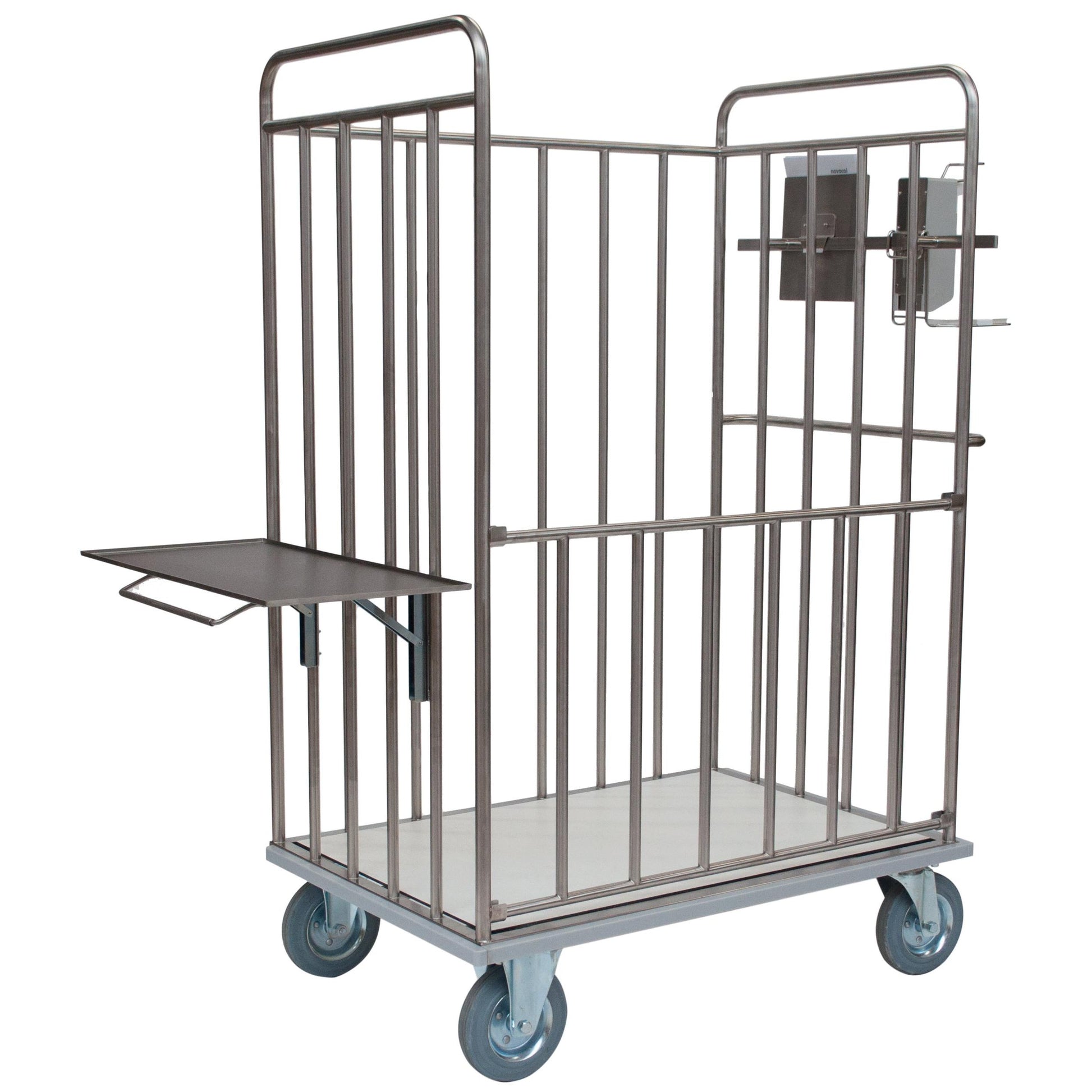 Der Novocal Transportwagen aus Edelstahl mit Rückwand und offenem Rahmen bietet robuste Qualität, runde Rohrverbindungen, vier Rollen sowie ein ausklappbares Tablett - ideal für flexiblen Transport. Packung: 1 Stück.