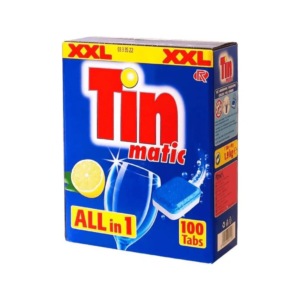 Schachtel mit Tin matic All in One Geschirrreinigertabs der Rösch Germany GmbH, enthält 100 Tabletten. Die Verpackung zeigt eine Zitronenscheibe und eine Glasillustration auf blauem Hintergrund, ist mit „XXL“ gekennzeichnet und verspricht sauberes und glänzendes Geschirr.
