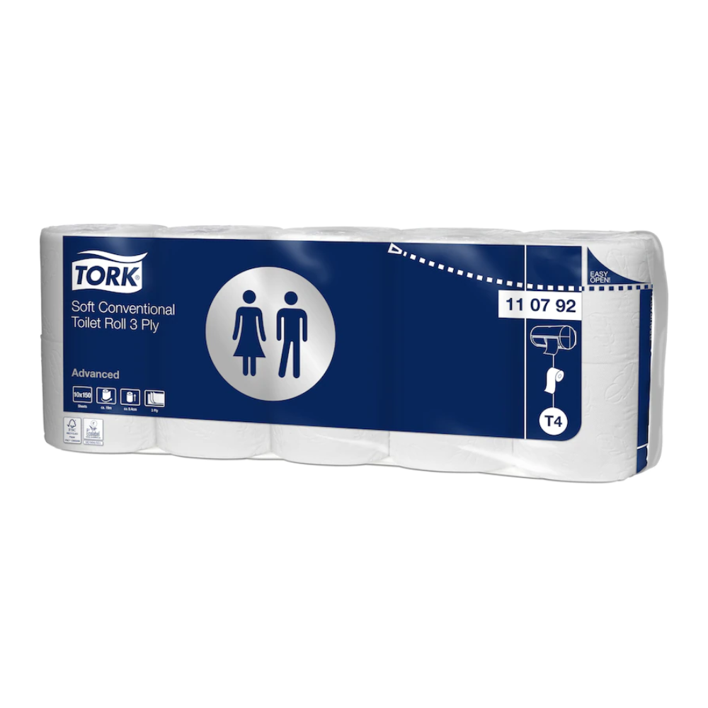 Auf dem Bild ist eine Packung Tork 110792 weich Kleinrollen Toilettenpapier Advanced T4 zu sehen, die 3-lagig ist. Die Verpackung ist in Blau und Weiß gehalten und mit Symbolen versehen, die für Hygiene und Nachhaltigkeit stehen. Auf der Verpackung ist der Produktcode „11 07 92“ zu sehen.
