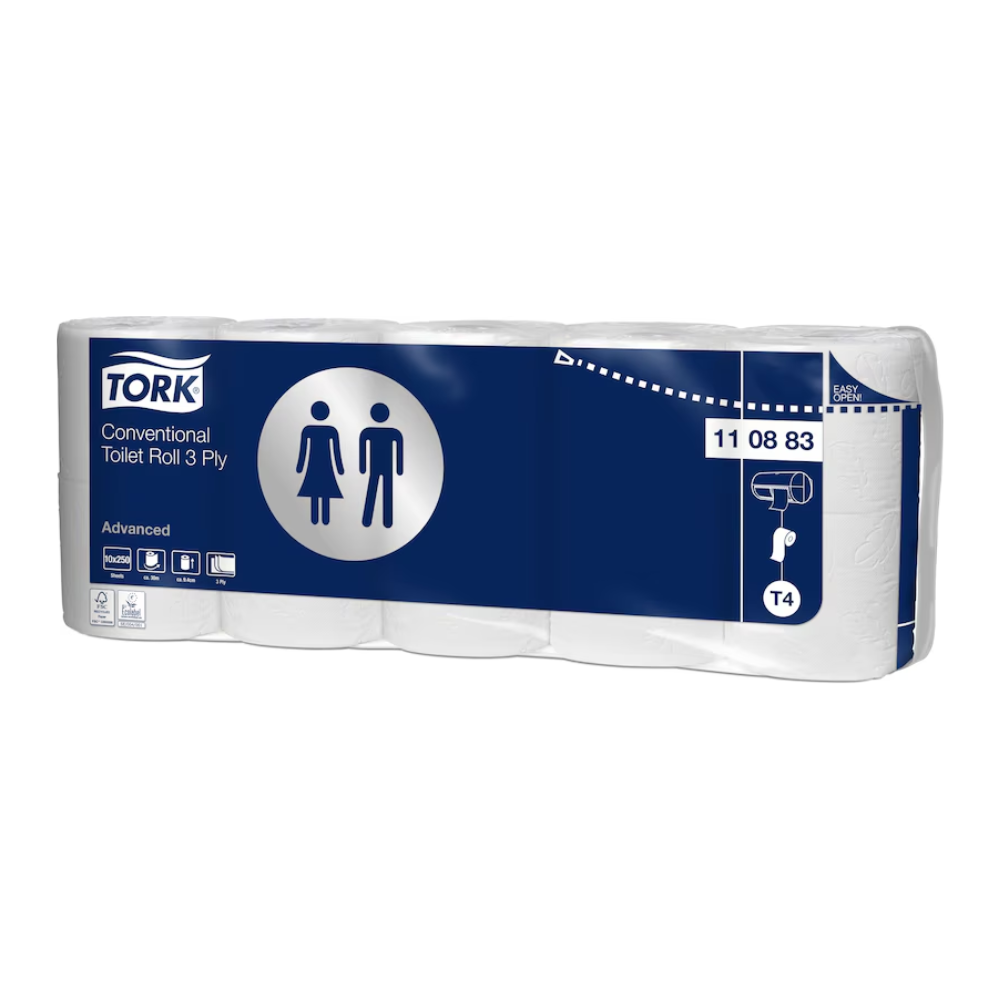 Eine Packung Tork 110883 extra weiches Kleinrollen Toilettenpapier Advanced T4, 3-lagig, wird in einer blau-weißen Verpackung mit Symbolen für männlich und weiblich präsentiert, um die Eignung für alle Benutzer anzuzeigen. Diese Packung von TORK – Essity Professional Hygiene Germany GmbH bietet mit ihren fortschrittlichen Toilettenpapierrollen ultimativen Komfort.