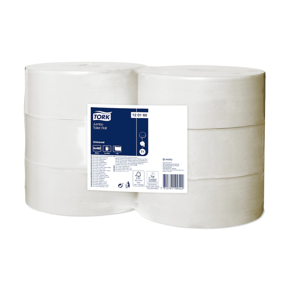 Ein Karton Tork 120160 Jumbo Toilettenpapier Universal T1 1-lagig mit sechs Rollen ist ideal für Bereiche mit hoher Besucherfrequenz. Die Verpackung trägt ein Etikett von „TORK – Essity Professional Hygiene Germany GmbH“, das Produktdetails und verschiedene Symbole enthält. Diese Rollen sind sauber in zwei horizontalen Reihen zu je drei Rollen angeordnet, was ein hervorragendes Preis-Leistungs-Verhältnis gewährleistet.