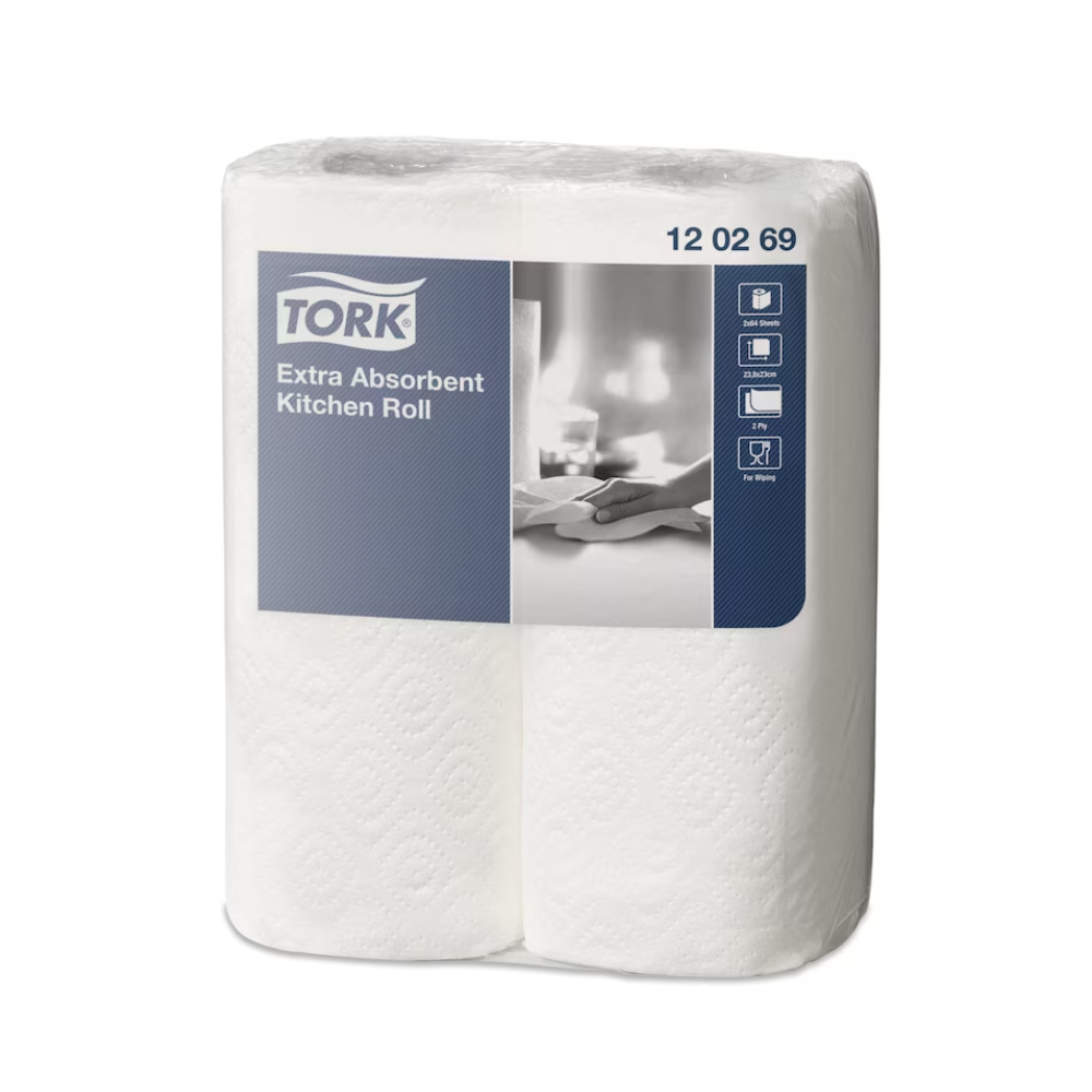 Ein Karton mit 24 Rollen Tork 120269 extra-saugfähige Küchenrolle Premium 2-lagig von Essity Professional Hygiene Germany GmbH zeigt das Markenlogo und Produktdetails, wobei Symbole auf die hochwertige zweilagige Konstruktion hinweisen. Die weißen Rollen haben ein dezentes Prägemuster.