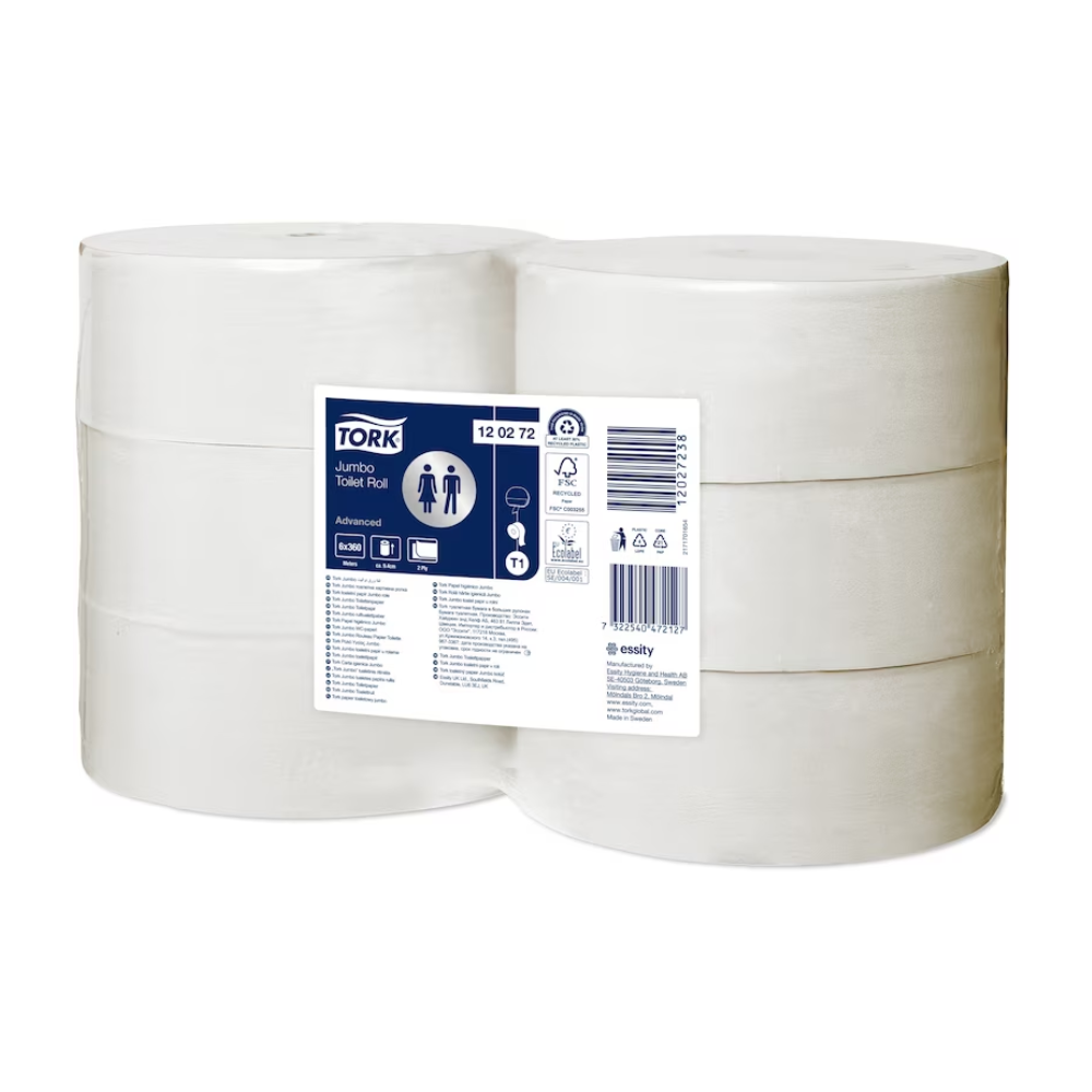 Sechs Rollen Tork 120272 Jumbo Toilettenpapier Advanced, geeignet für hohe Kapazität, sind gestapelt und in einer transparenten Verpackung verpackt. Ein Etikett auf der Vorderseite zeigt Produktinformationen wie Marke, Typ und Spezifikationen an. Ideal für die Verwendung in Tork Spendern.