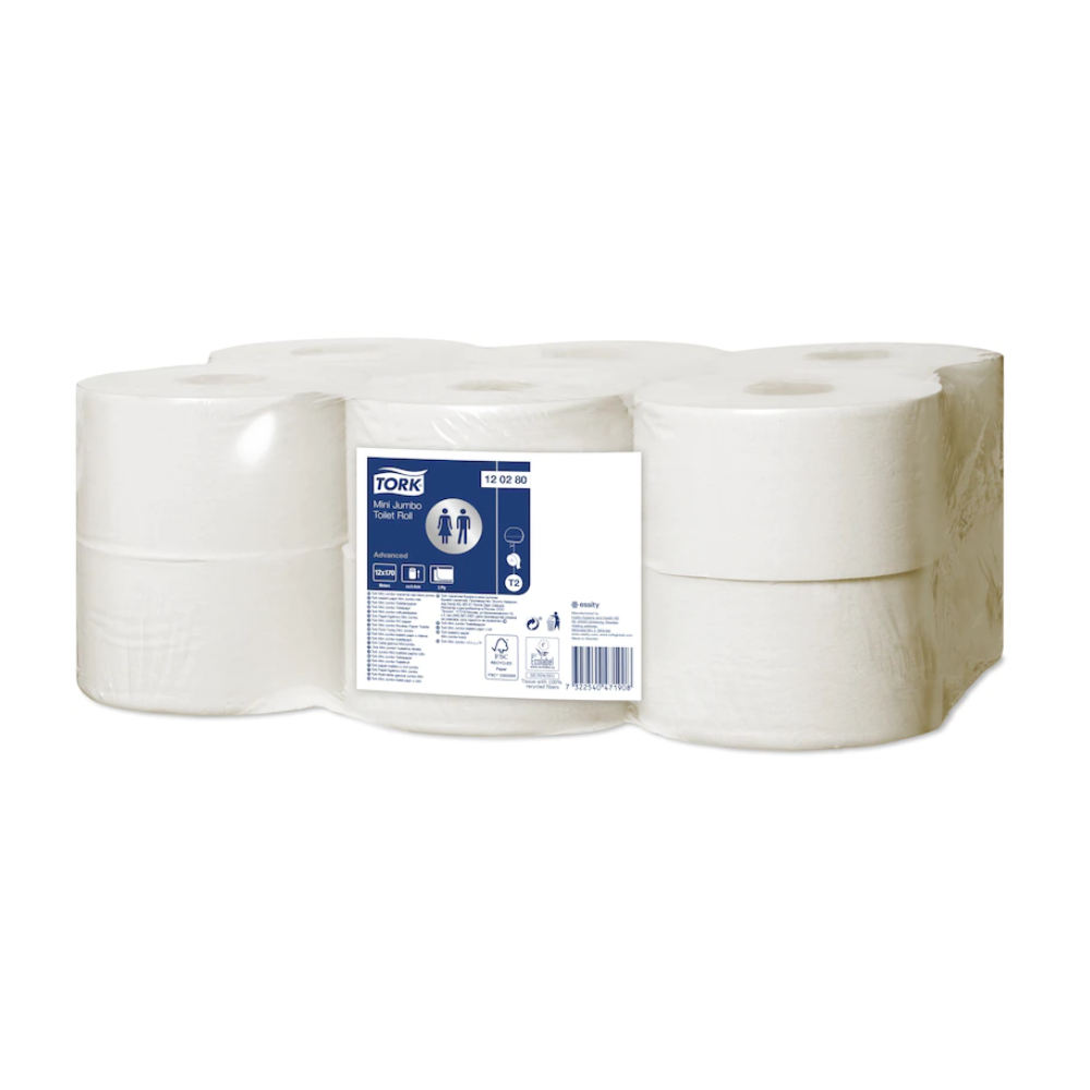 Ein Bild zeigt eine Packung mit acht weißen Toilettenpapierrollen, deren Verpackung den Markennamen Tork deutlich zeigt und die Advanced T2-Qualität hervorhebt. Die Produktdetails bestätigen, dass es sich um Mini Jumbo 2-lagig Toilettenpapier handelt.