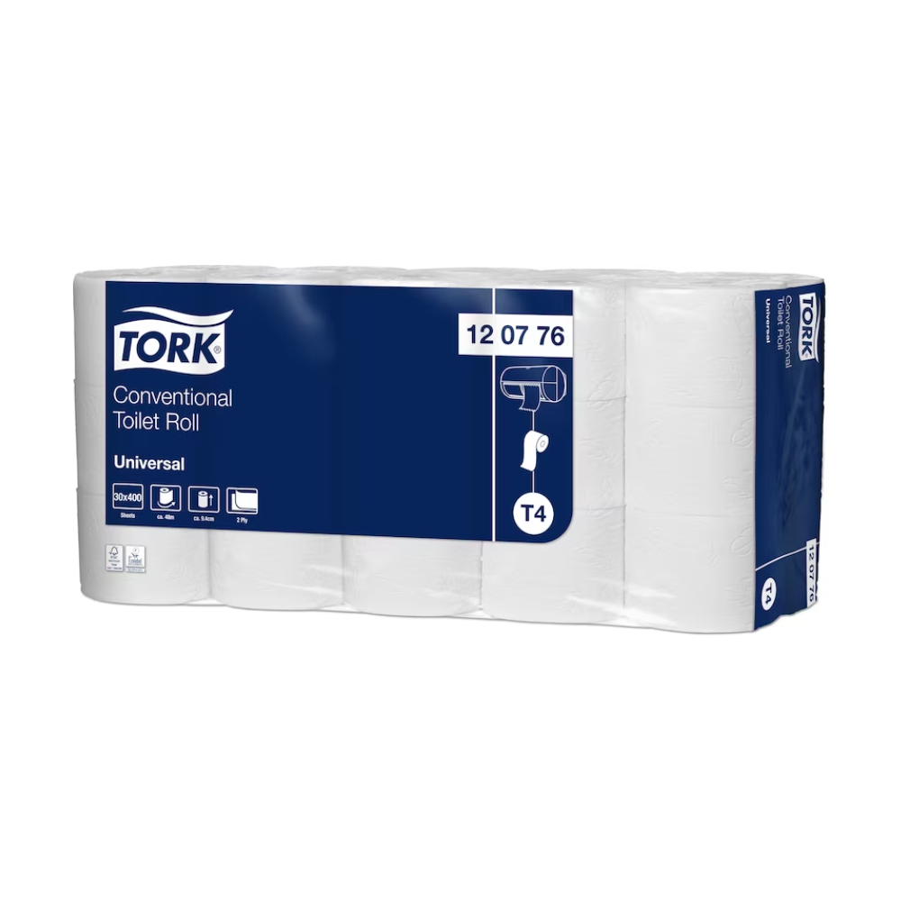 Eine Packung Tork 120776 Kleinrollen-Toilettenpapier Universal T4 in Plastikfolie, mit blau-weißer Verpackung, auf der Produktdetails wie „Kleinrollen-Toilettenpapier“ und „T4“ sowie eine kleine Abbildung eines Toilettenpapierrollenhalters zu sehen sind. Die Packung enthält 30 Rollen mit je 48 Metern Länge und wird von TORK – Essity Professional Hygiene Germany GmbH hergestellt.